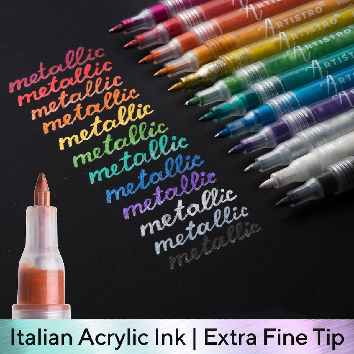 KINGART® PRO Extra Fine Point Acrylic Metallic Paint Pen Markers,  Water-Based Ink, Set of 12 Metallic Colors