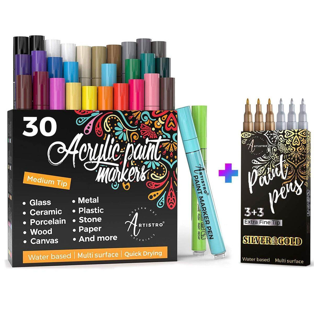 ARTISTRO Acrylic Paint Pens for Rock Painting, Stone, Ceramic, Glass, Wood,  Mugs, Metal, Fabric, Canvas (30 Pack) 28 Assorted Colors + Extra Black &  White Acrylic Paint Markers. Extra Fine Tip 0.7mm