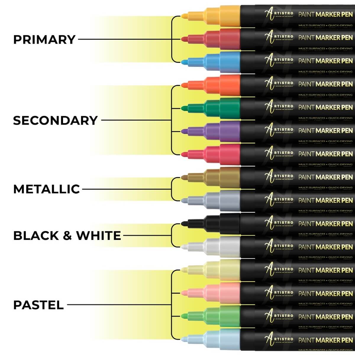 15 colored primary, secondary, metallic, black & white, pastel