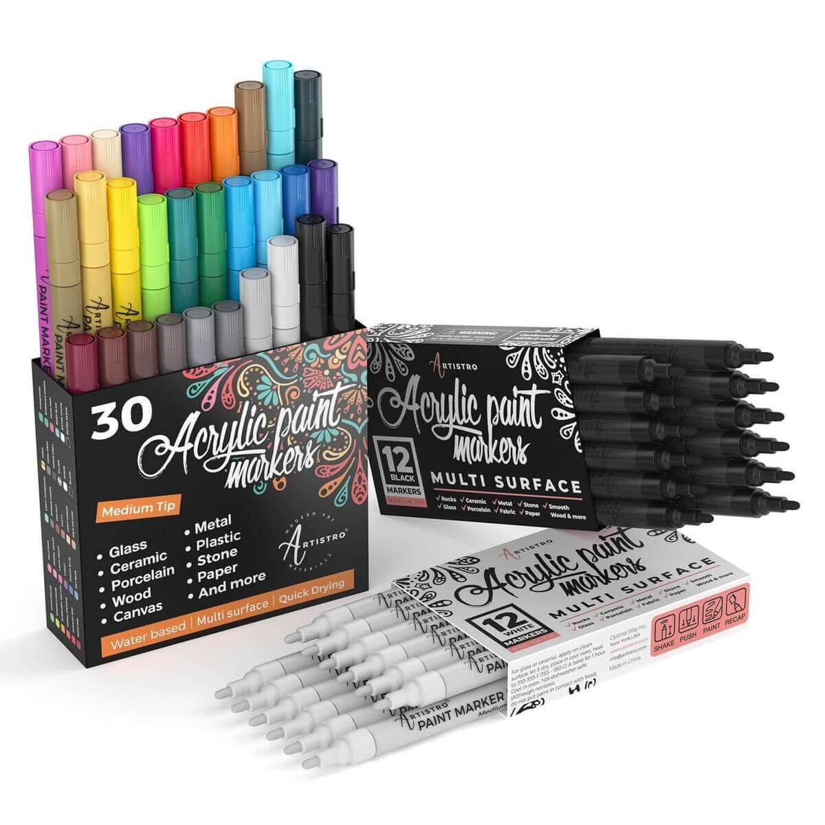 bundle 30 multicolor+12 white+12 black medium markers