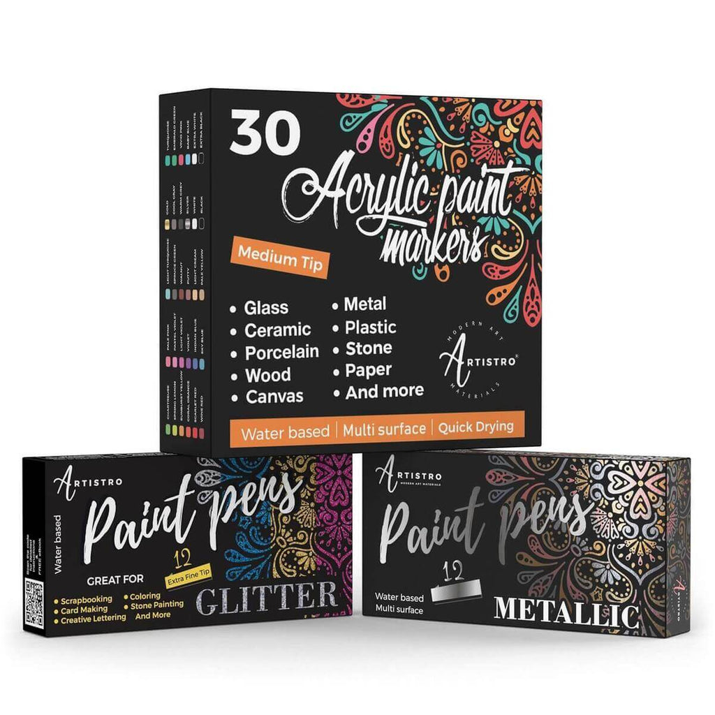ARTISTRO 12 Acrylic Paint Pens for Fabric, Canvas, Rock, Glass, Wood - 3Mm  Mediu