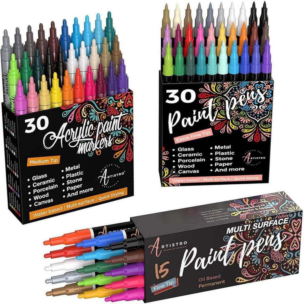 ARTISTRO 16 Brush Paint Pens and 30 Acrylic Paint Markers Fine Tip, Bundle  for Calligraphy, Rock Painting, Wood, Fabric, Card, Paper, Photo Album