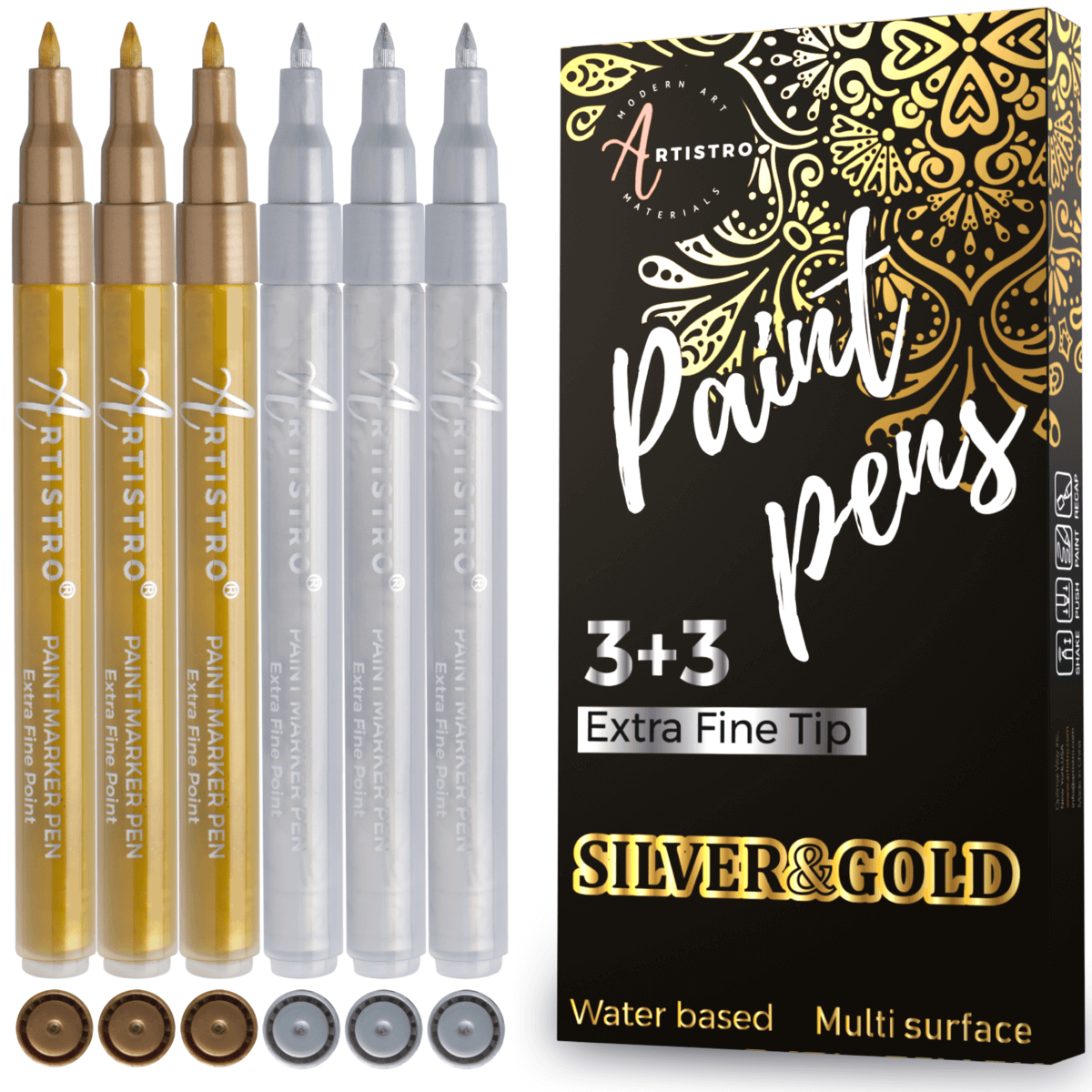 ARTISTRO Acrylic Paint Pens 24 with 2 Metallic Markers Gold & Silver Extra  Fine and Medium Tip + Chisel, Paint Markers for Canvas, Metal, Rocks, Wood